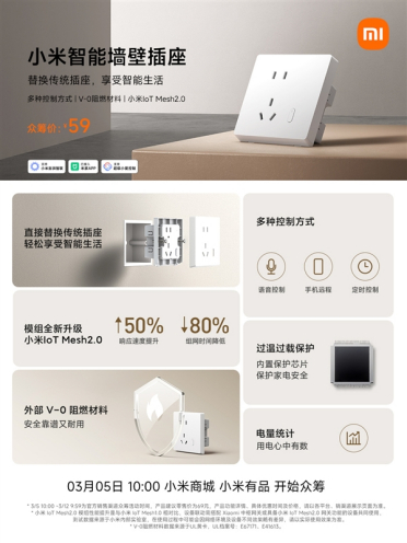 小米新款智能墙壁插座发布：升级Mesh 2.0 众筹59元
