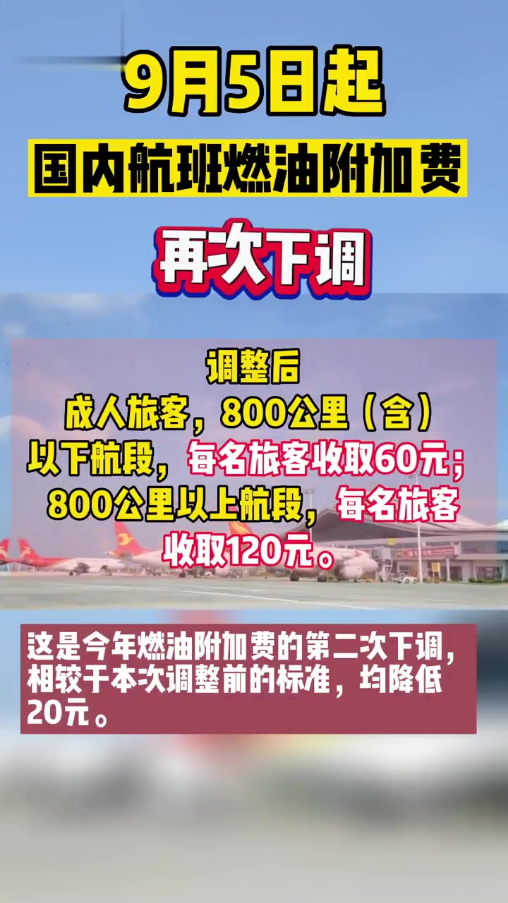 9月5日起!国内航线燃油附加费第二次下调 出行