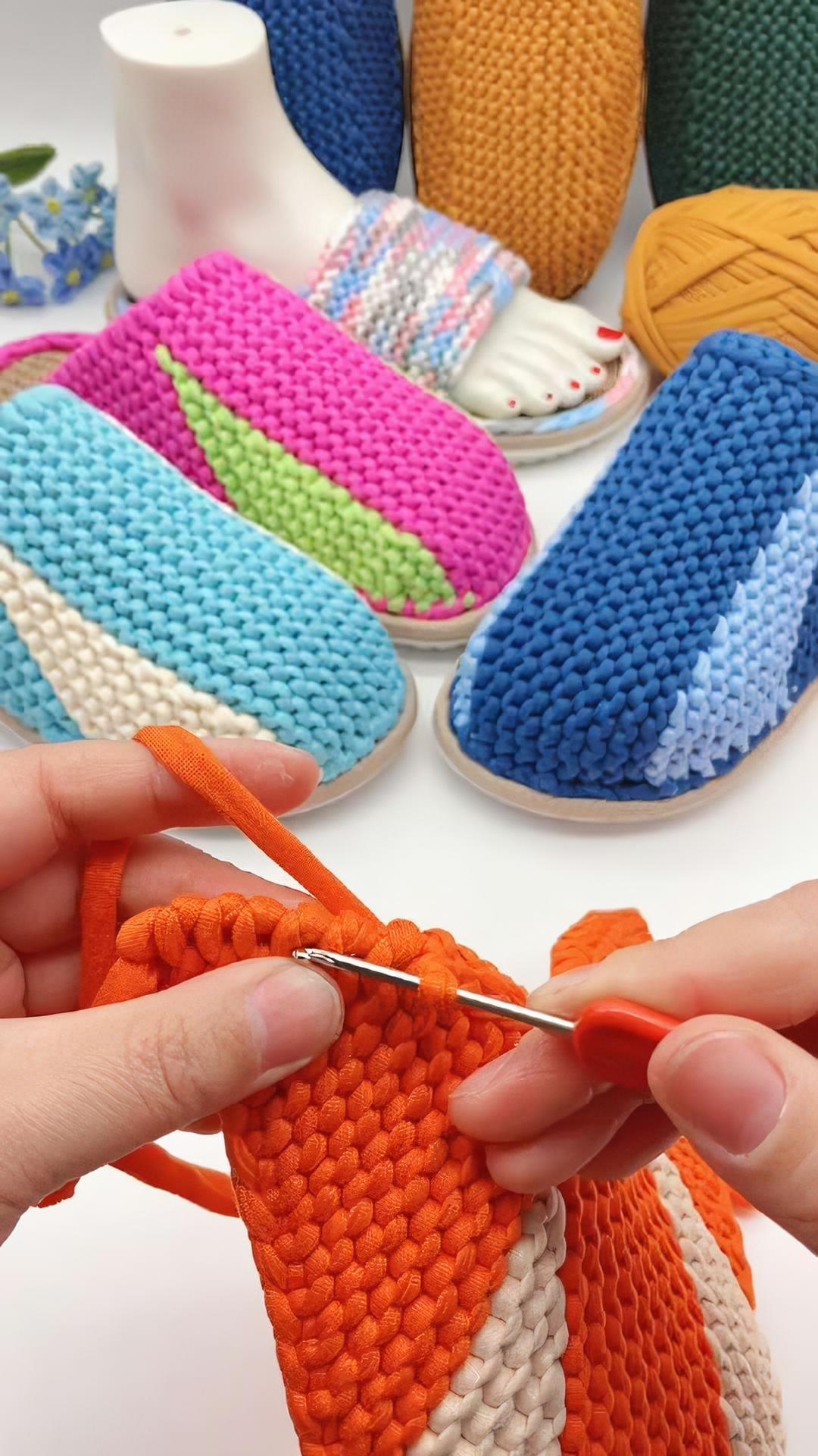 布条线拖鞋 鞋口钩引拔针 手工编织零基础教学