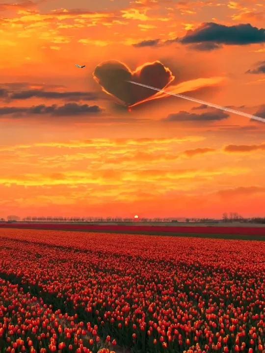 这么浪漫的郁金香花海中,遇见飞机划过爱心云,应该分享给谁呢?