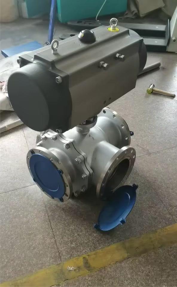 q644f气动三通不锈钢法兰球阀