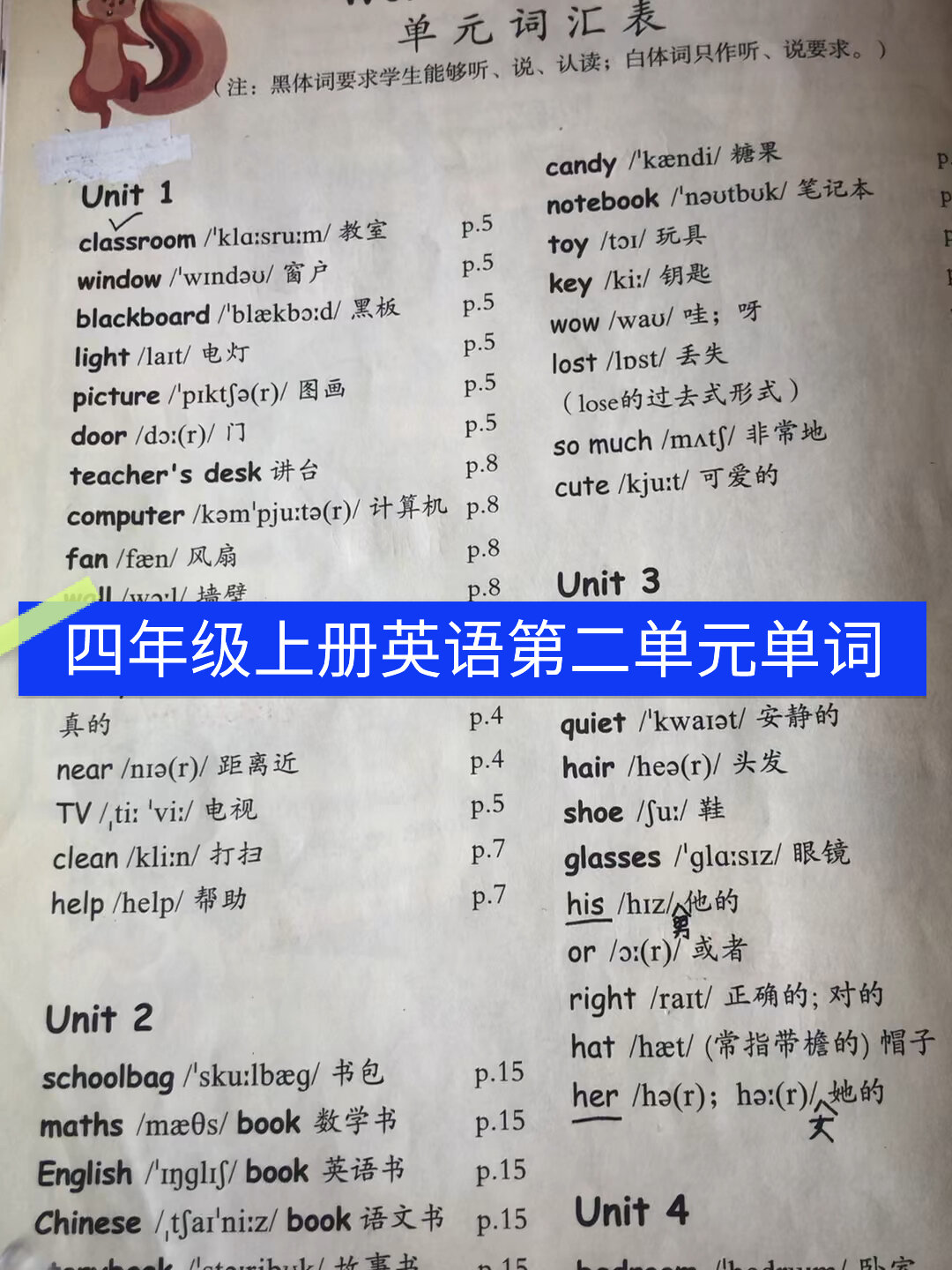 人教版四年级上册英语第二单元单词