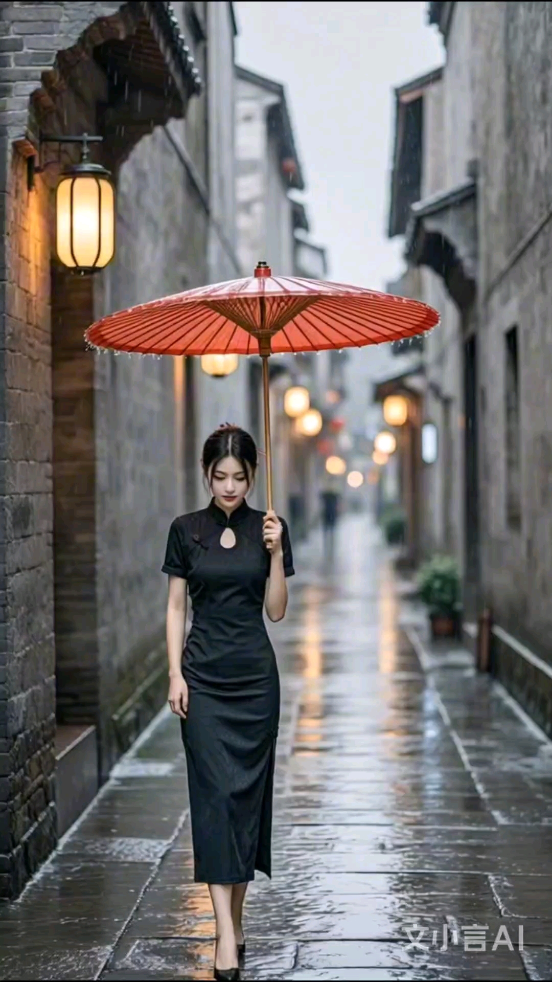 雨中漫步:黑衣女子红伞点缀古巷情