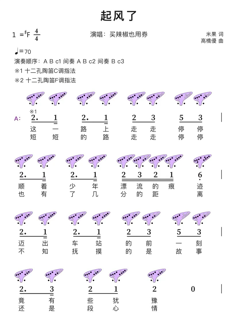 起风了陶笛12孔指法图片