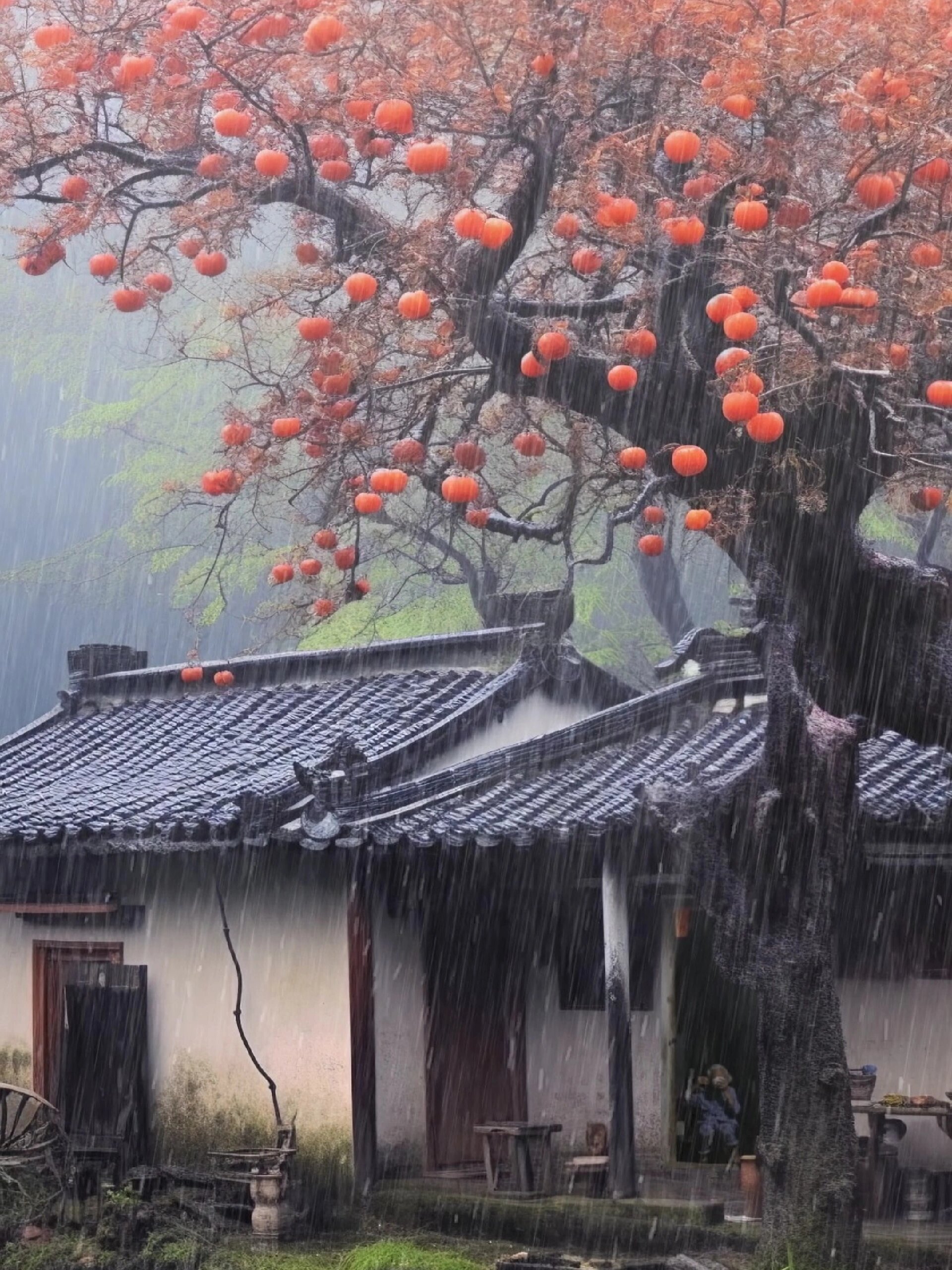 深山里一户斑驳的老房子旁一颗柿子树结满了柿子却无人采摘,户主-度小