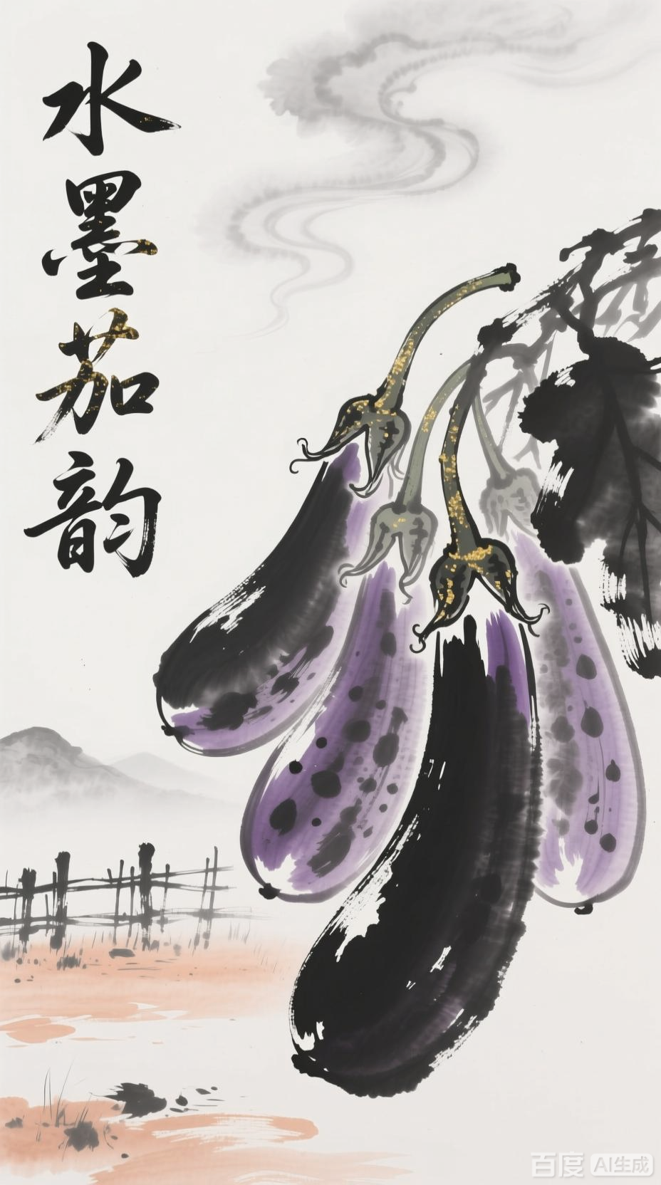 水墨国画中的茄子韵味