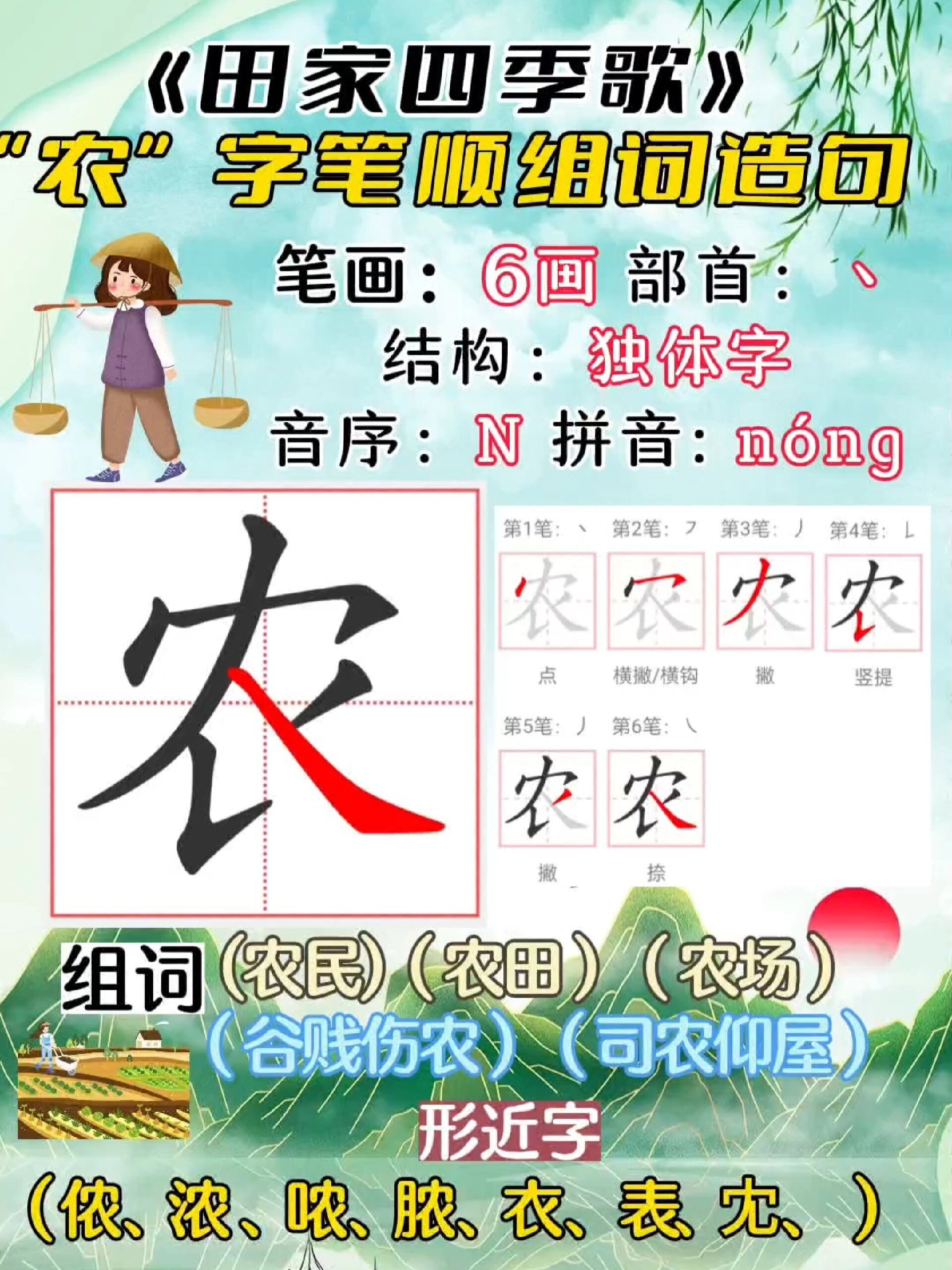 二上「肥 农」生字书写规范笔顺组词造句!