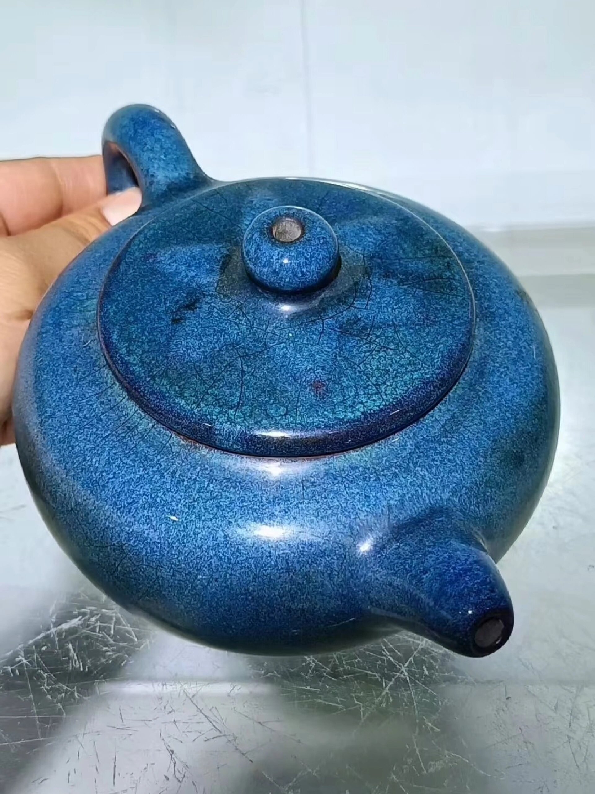 清代炉钧釉紫砂壶,釉水肥厚,长18.