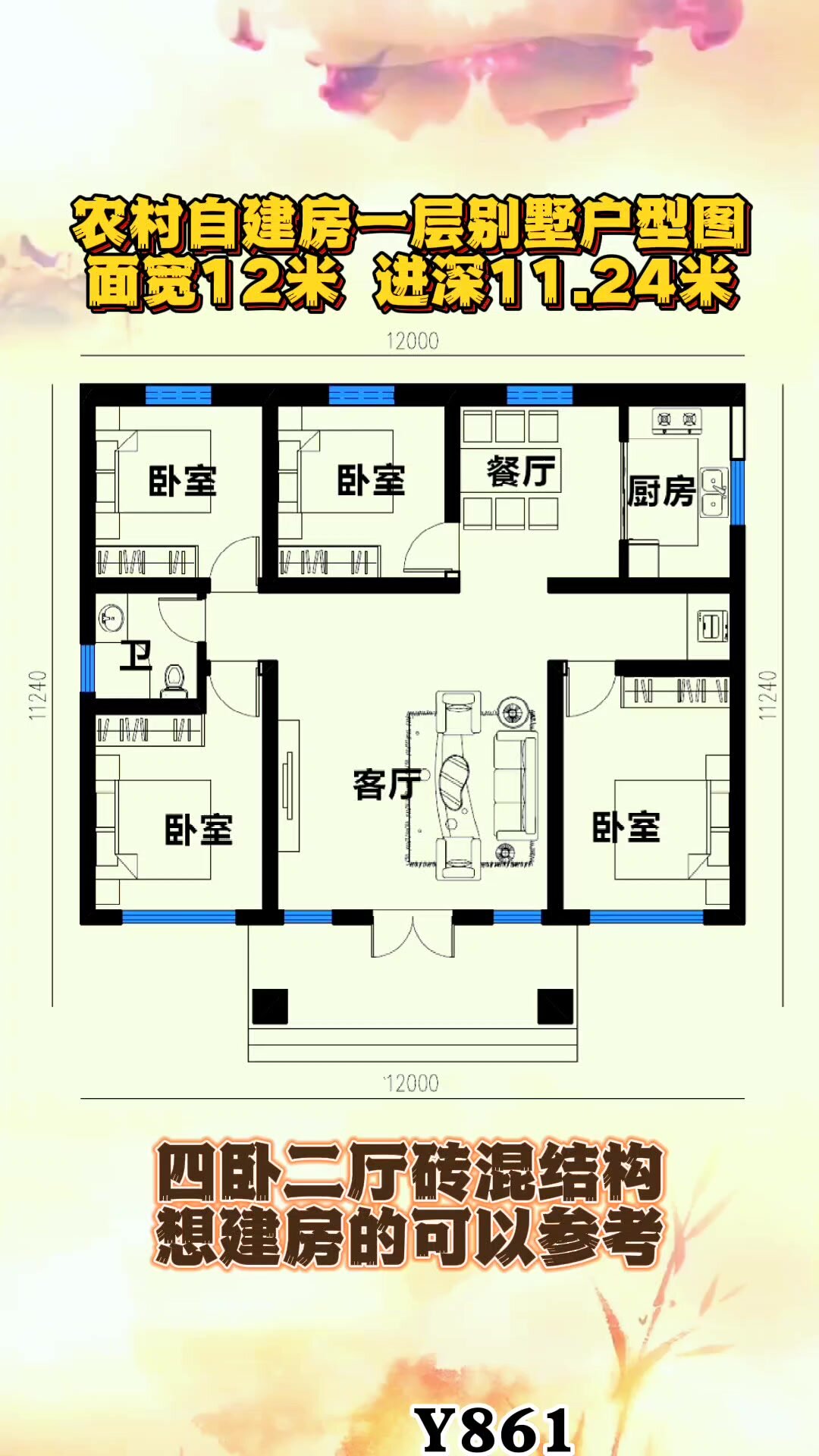 农村自建房一层别墅户型图,面宽12米