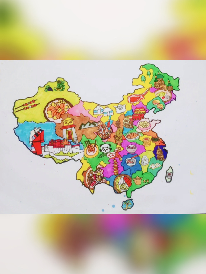 手绘地图美丽中国研学路线儿童画