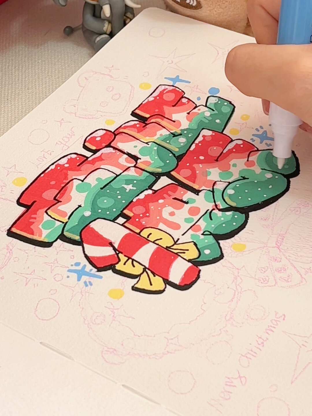 丙烯马克笔涂鸦泡泡字教程圣诞快乐