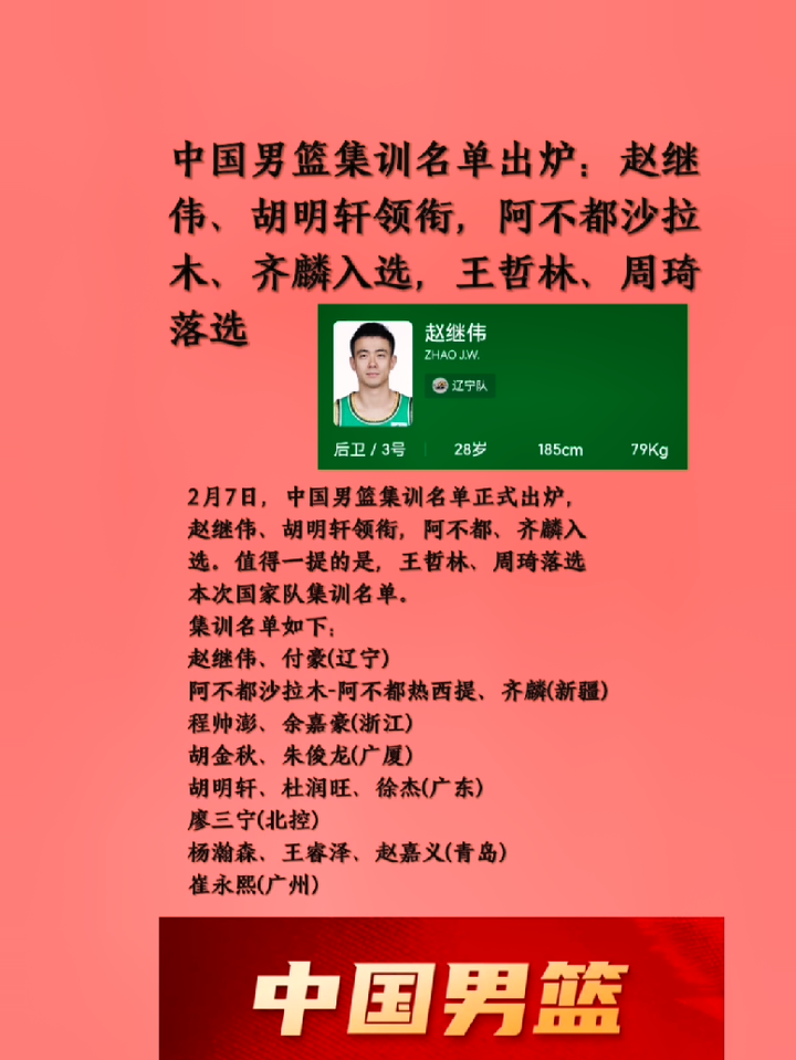 中国男篮集训名单出炉赵继伟胡明轩领衔
