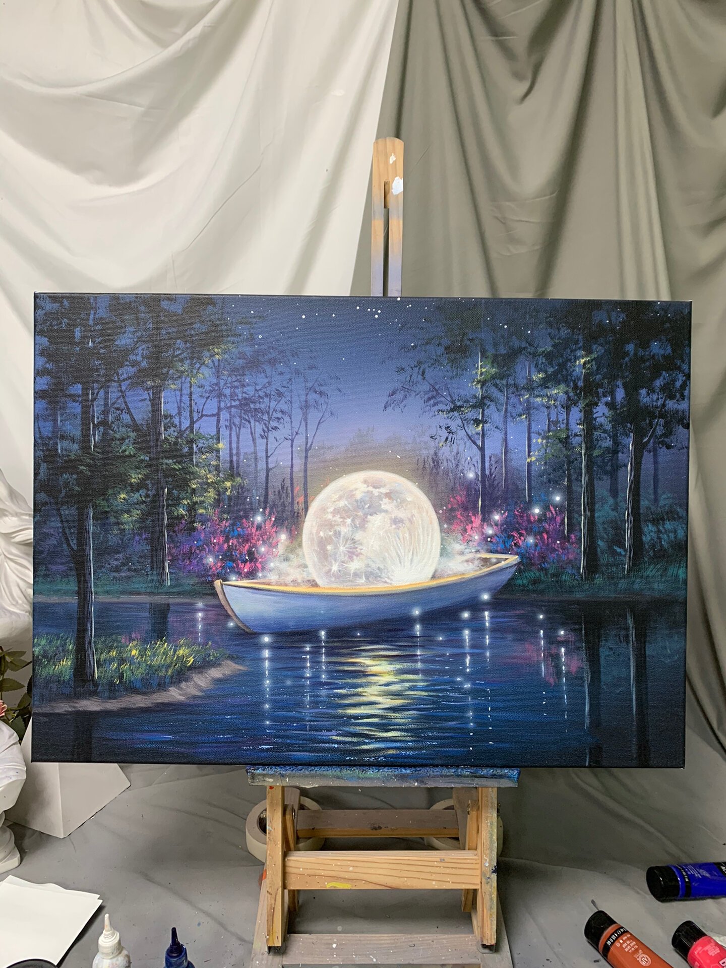 丙烯风景画意境唯美月亮船树林绘画步骤缩略