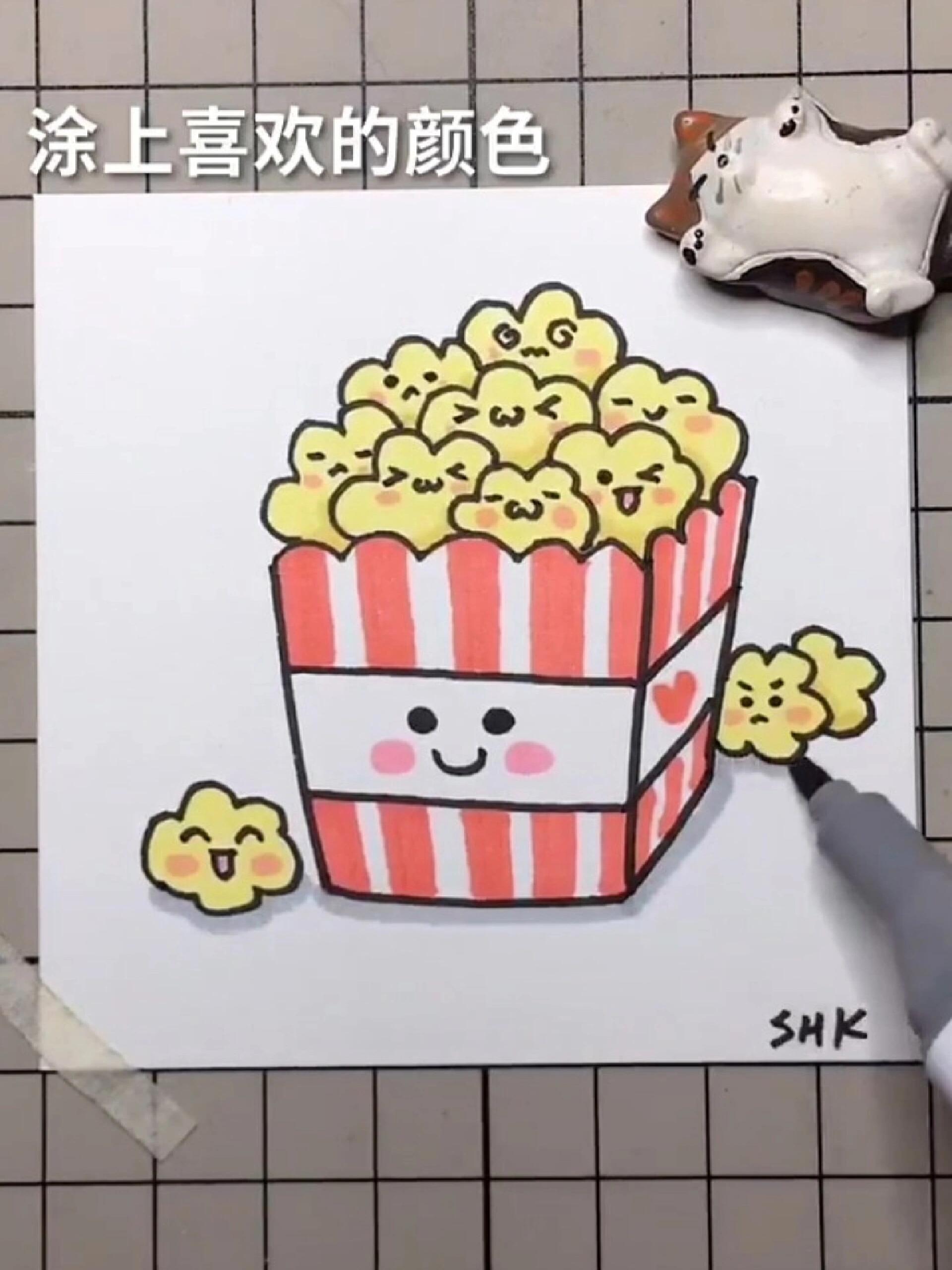 爆米花手绘简笔画,可爱到想一口全部吃掉-度小视