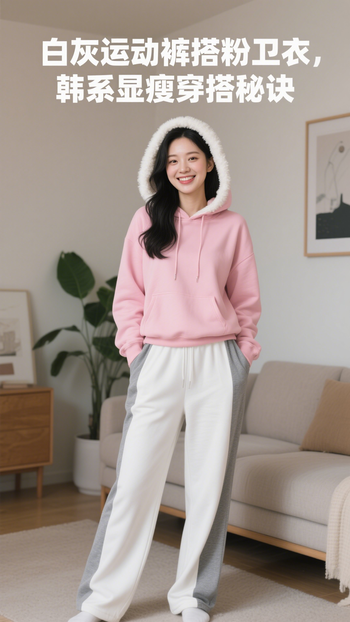 白灰运动裤搭粉卫衣,韩系显瘦穿搭秘诀