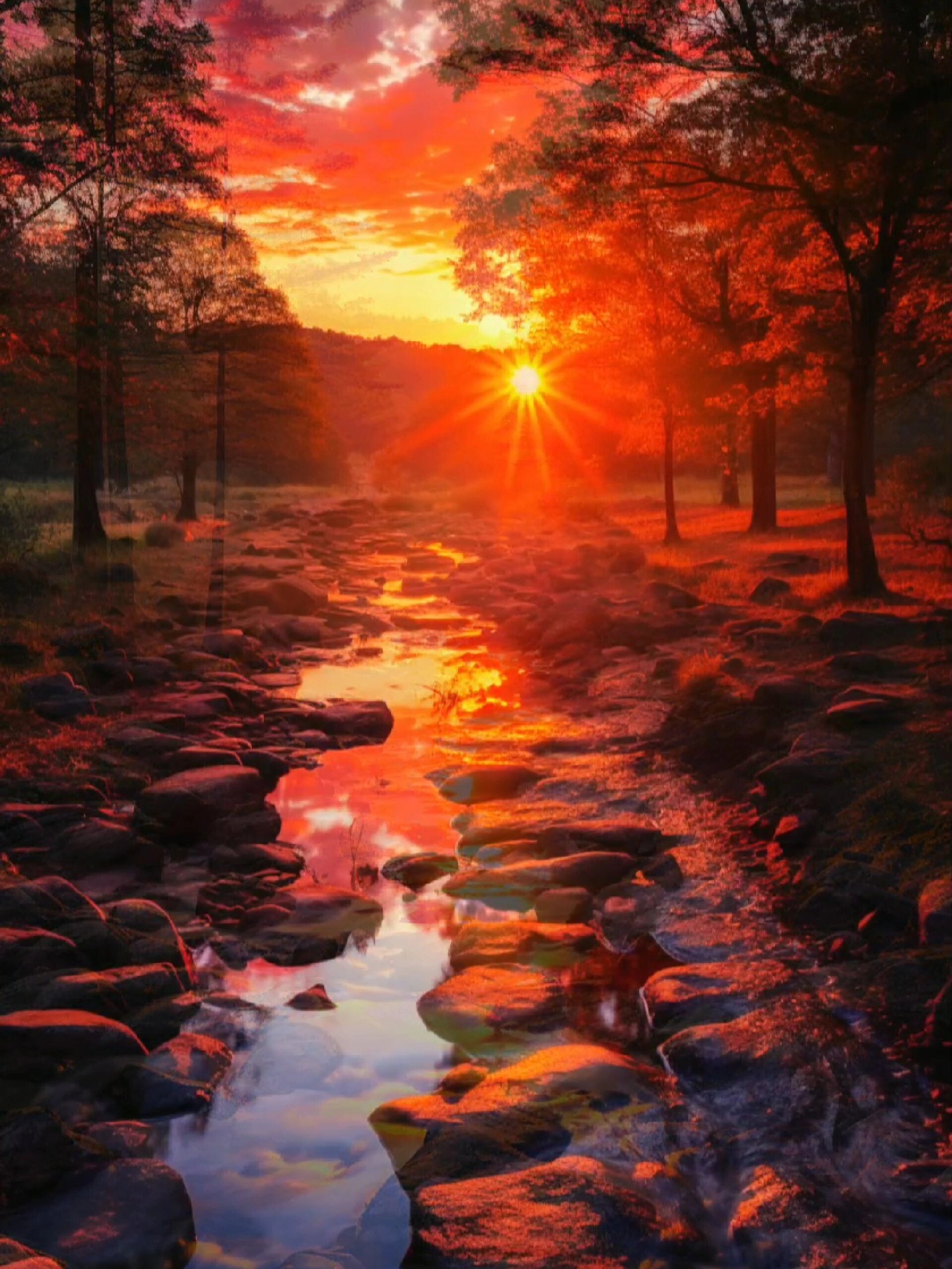 夕阳-晚霞-小溪-小树林|ai绘画生成