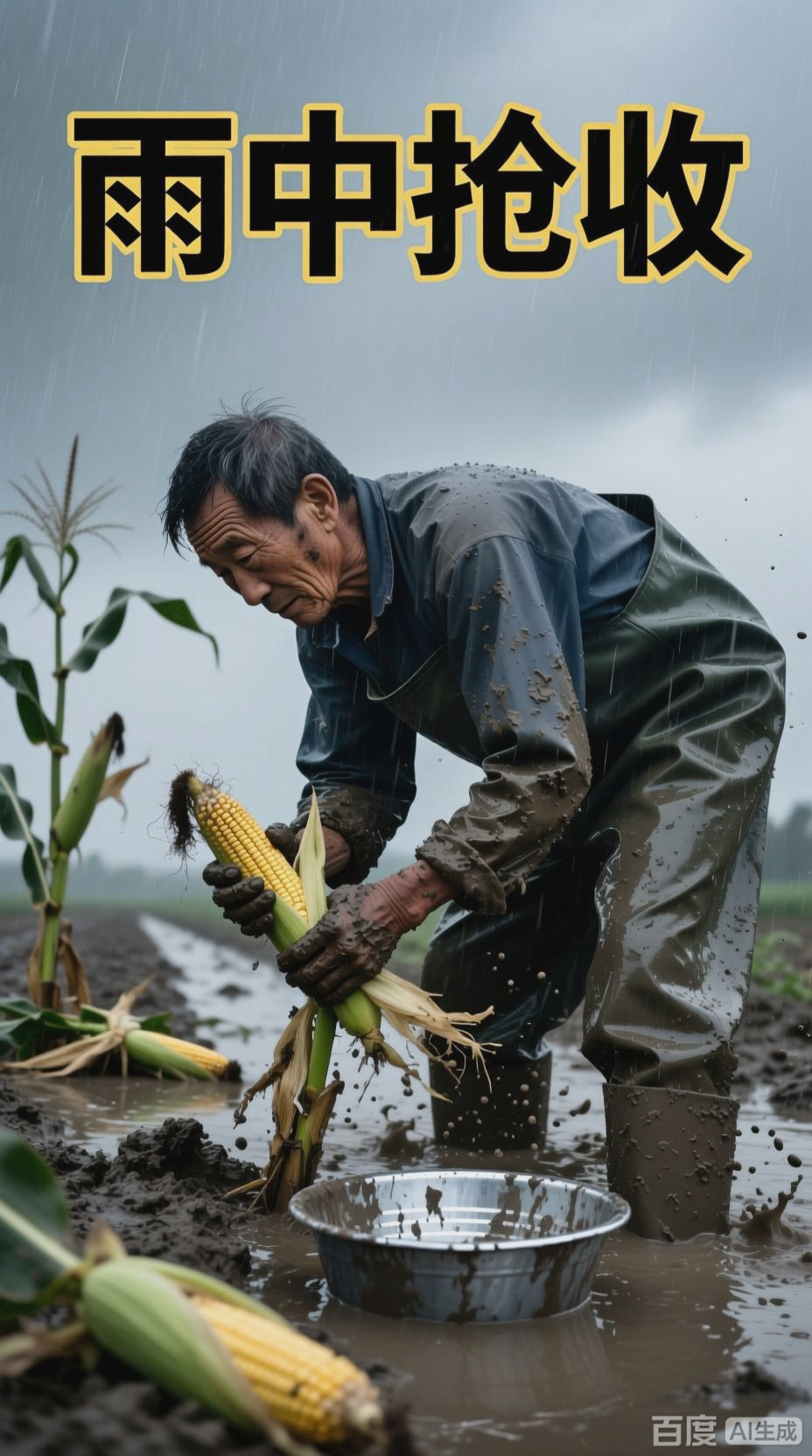 雨中劳作,河南农民掰玉米