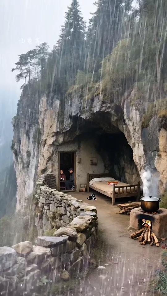 有一户人家隐居在深山的山洞里,外面狂风暴雨,洞里一男人悠闲的吃着饭