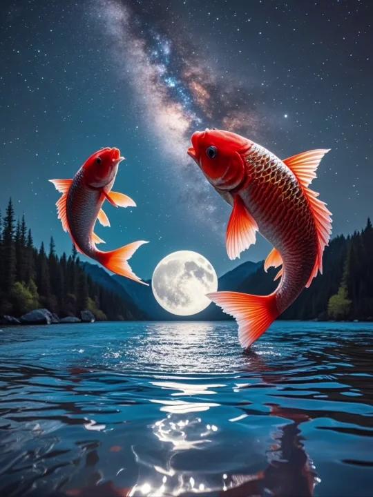 两只红鲤鱼跳出水面