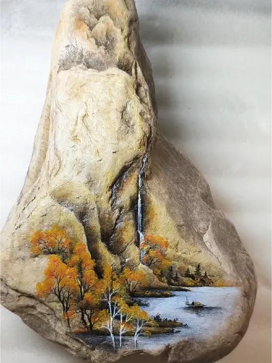石头画,秋 河冲石立体创意手绘作品 画画 石头画 原创 创意 手绘