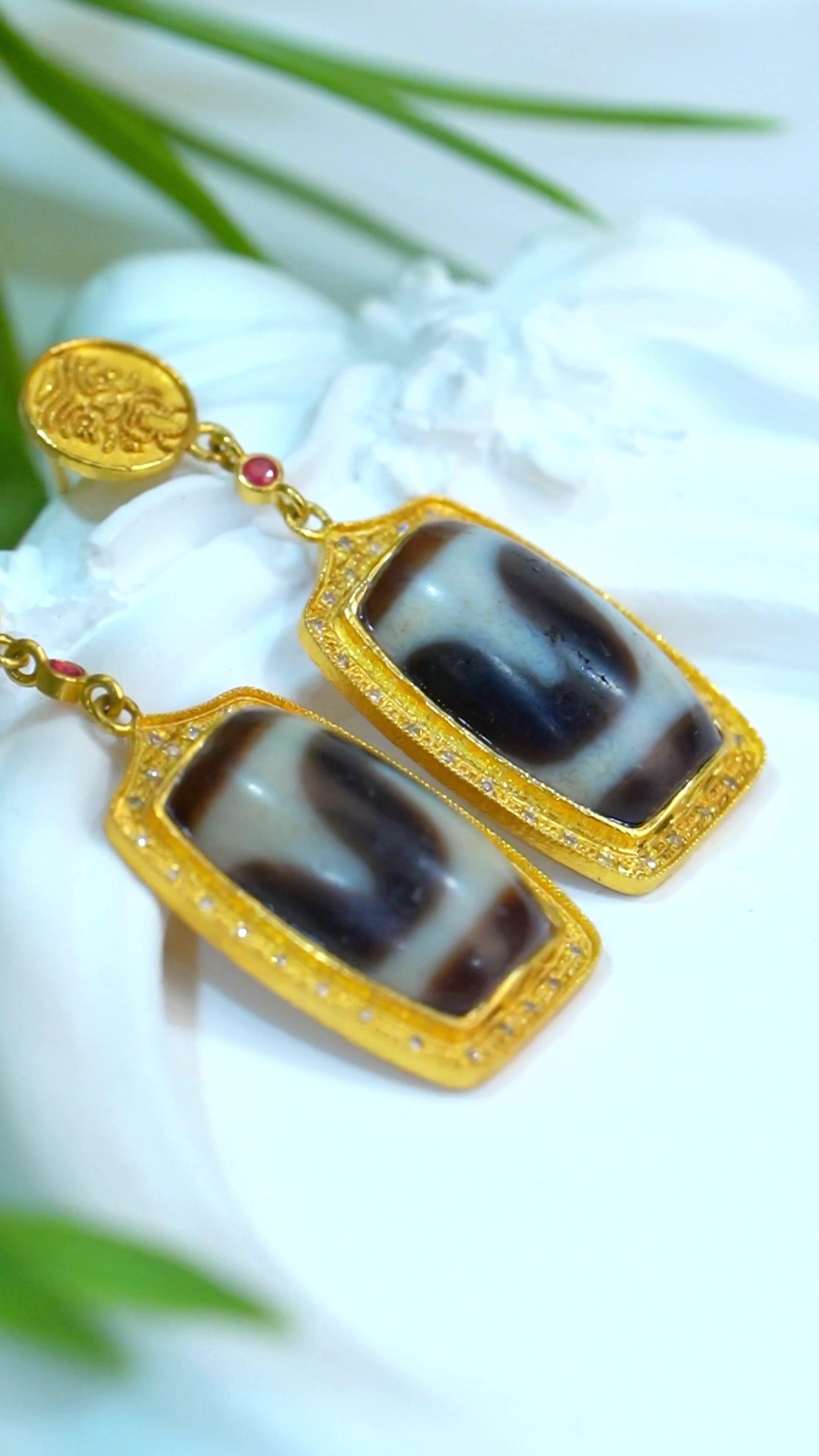 18k金镶扎基拉姆牙牙天珠耳坠 天珠-度小视