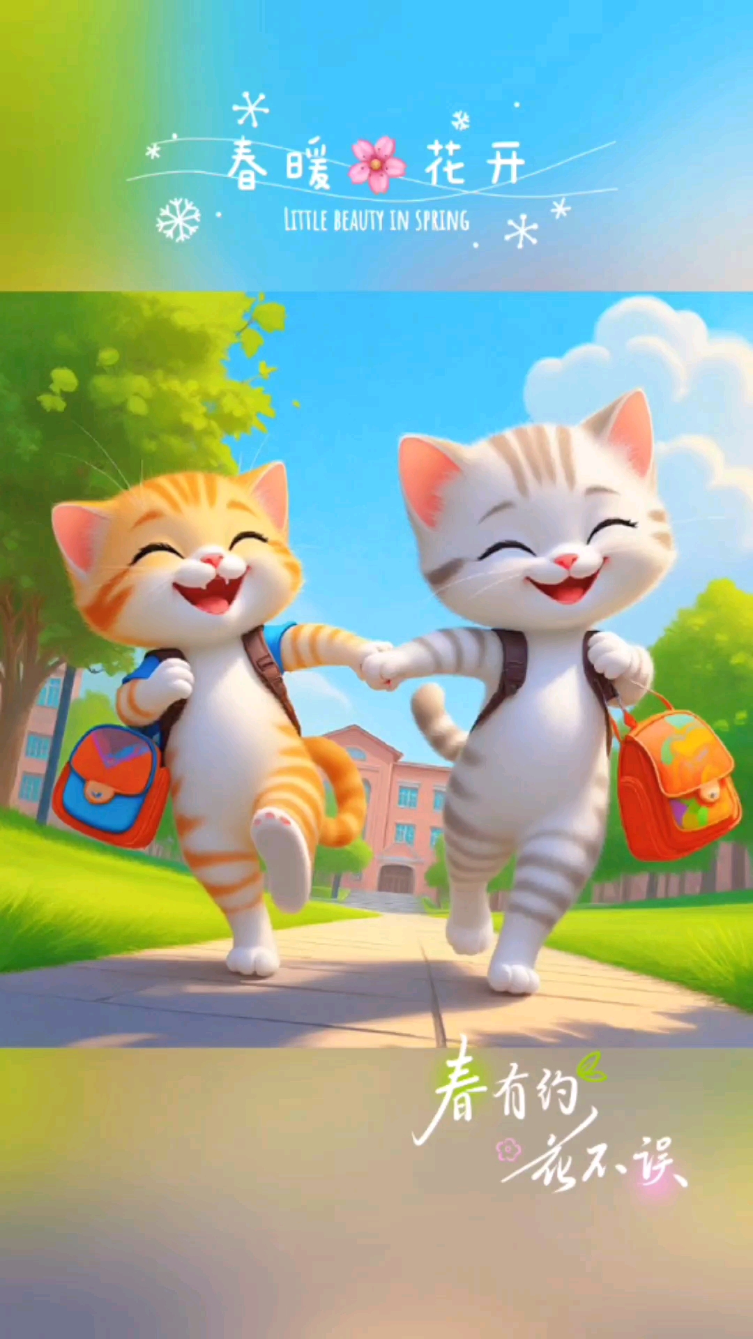 小猫们背着书包开心的走在上学的路上