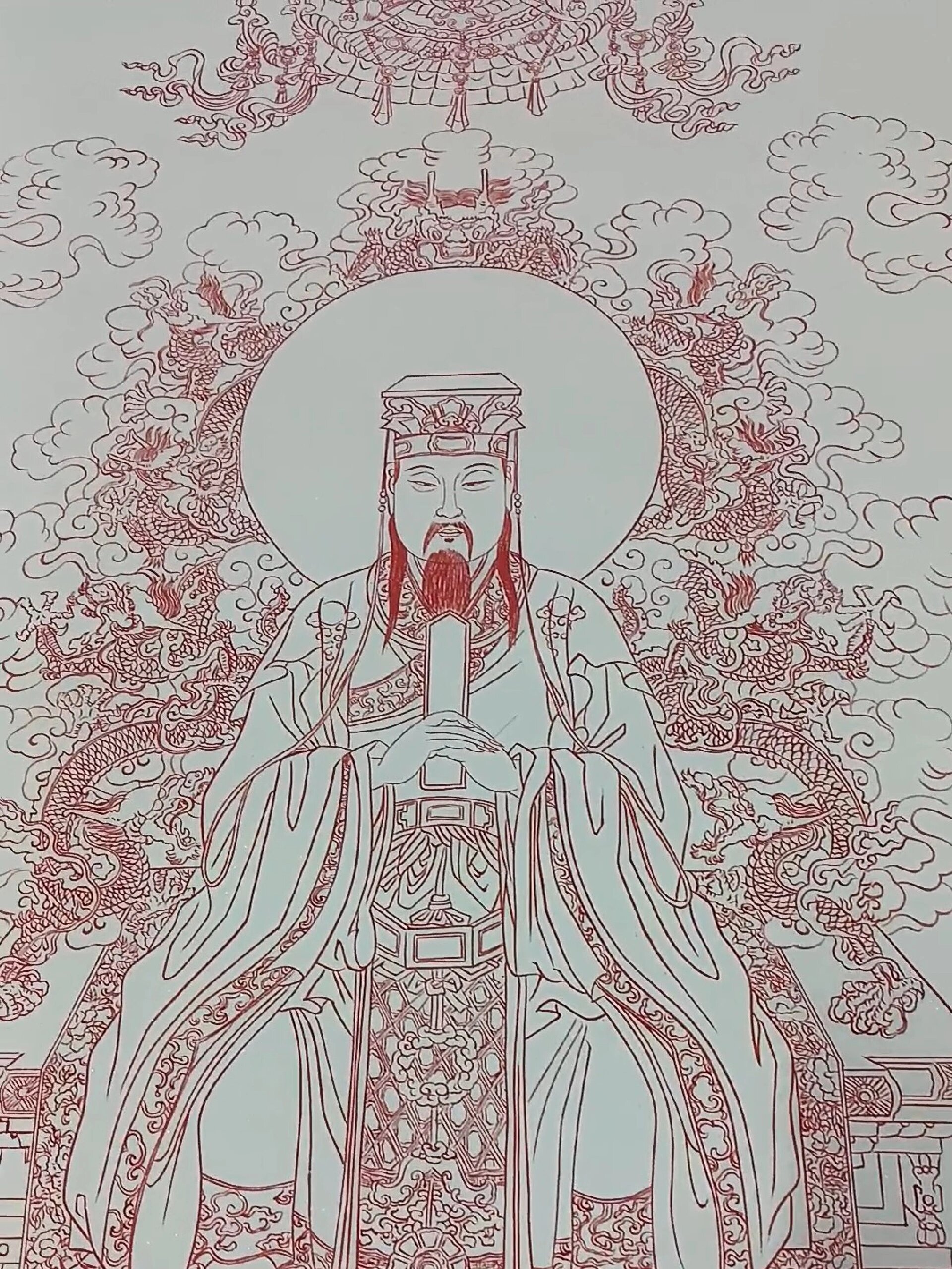 手绘工笔白描朱墨勾勒《玉皇大帝》-度小视