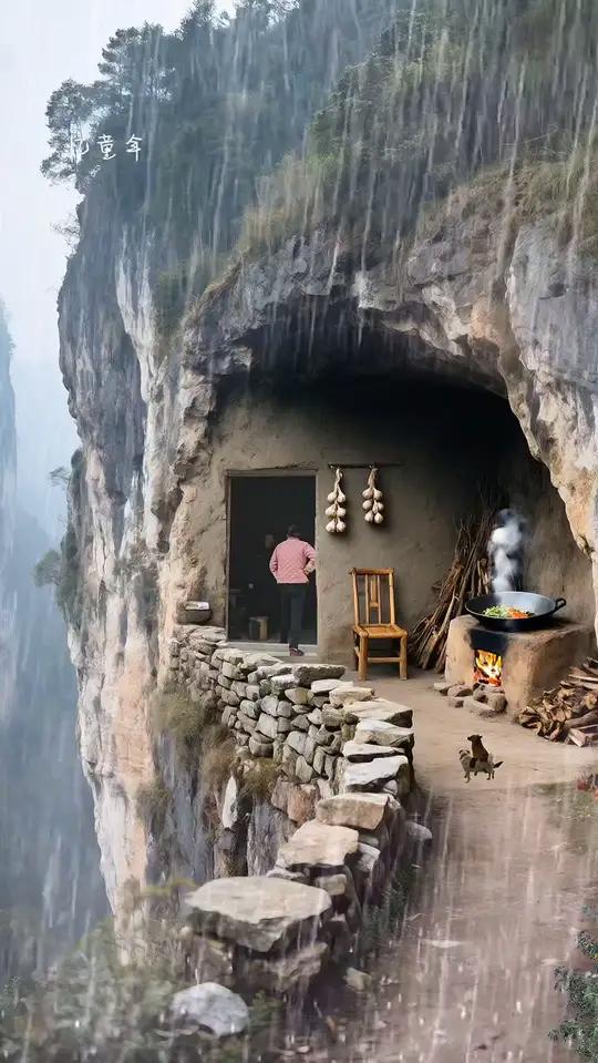 有一户人家隐居在深山的山洞里,外面狂风暴雨,洞里一男人悠闲的吃着饭