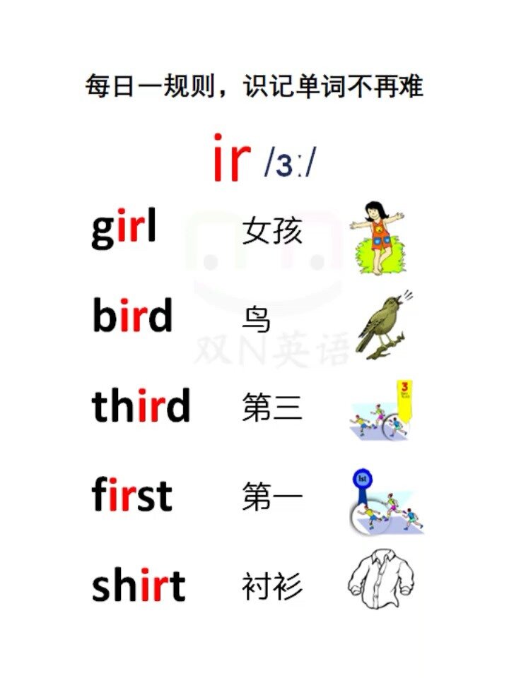 自然拼读每日一规则:字母组合ir