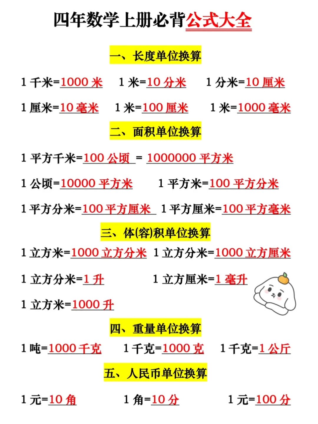 四年级上册数学必背公式大全