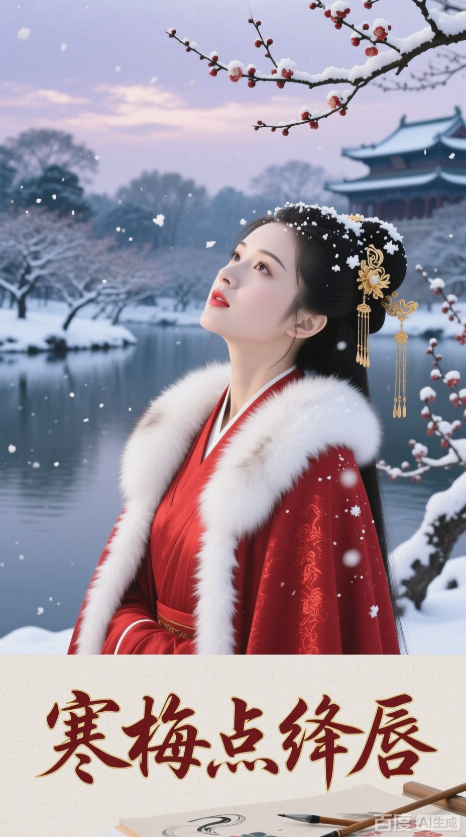 寒冬美景,美女如画
