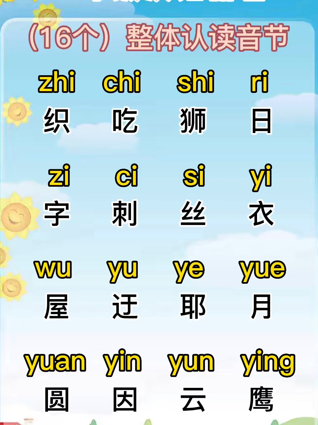 一年级汉语拼音,16个整体认读音节