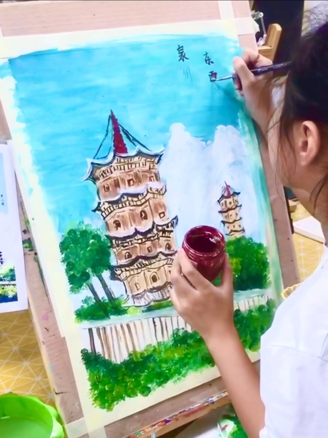 学生的泉州闽南水粉风景画《东西塔》
