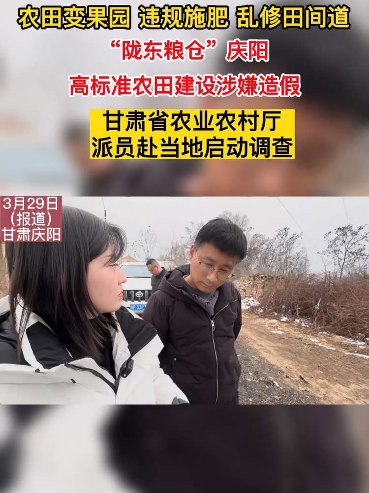 记者调查发现,甘肃庆阳部分高标准农田建设造假,部分地块存在农田变果园、乱修田间道等乱象.甘肃省农业农村厅回应:已派出工作组赶赴庆阳进行调...