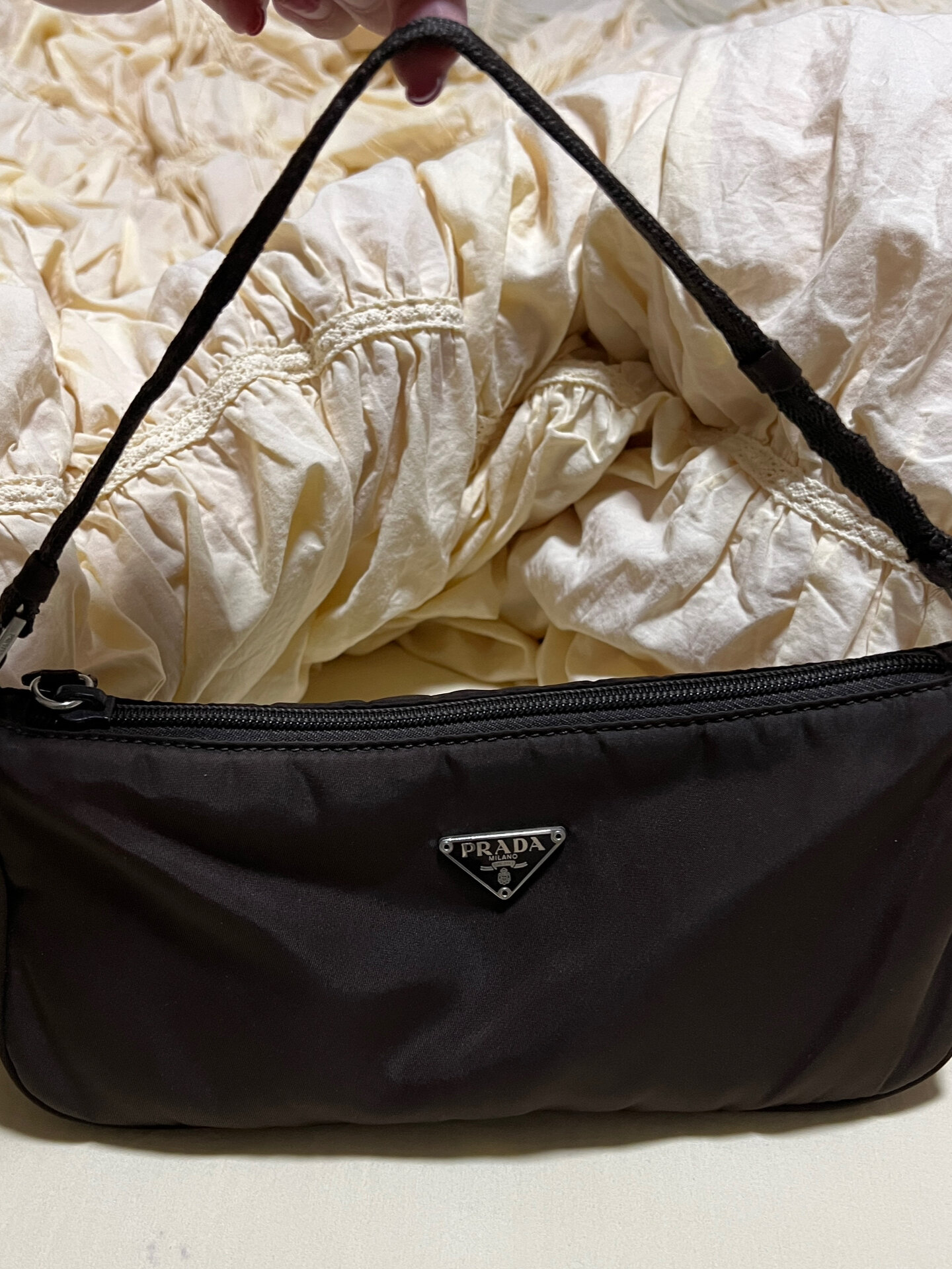 prada中古款小麻将深棕色细绳hobo