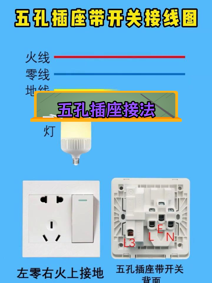 五孔插座带开关接线方法,动态原理图解析