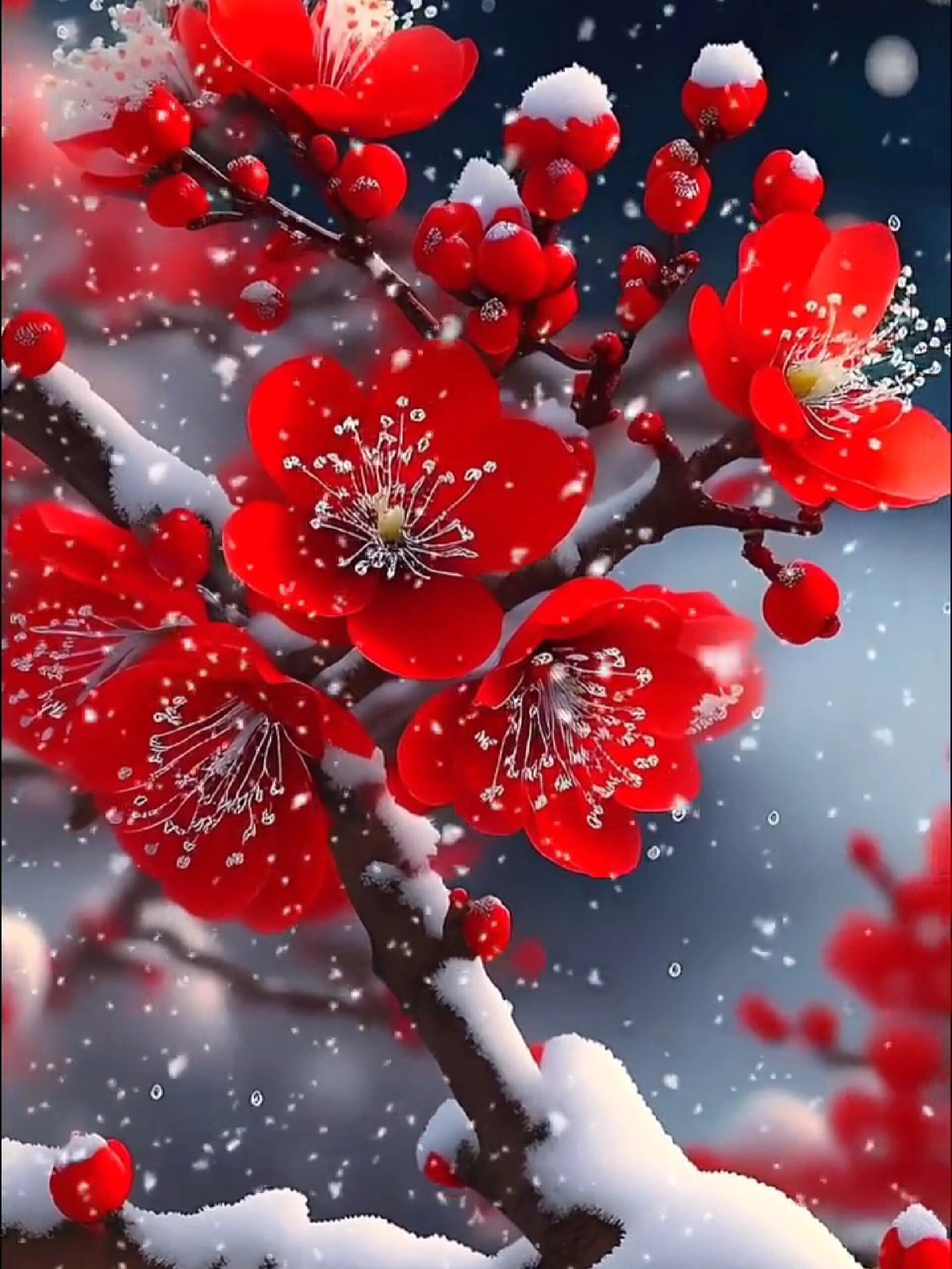 下雪,红梅花开绽放,是冬季里最美的景色