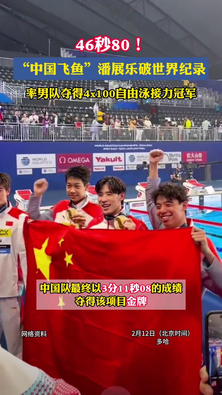 世锦赛男子4x100米自由泳接力项目中国夺冠潘展乐46秒80打破世界纪录