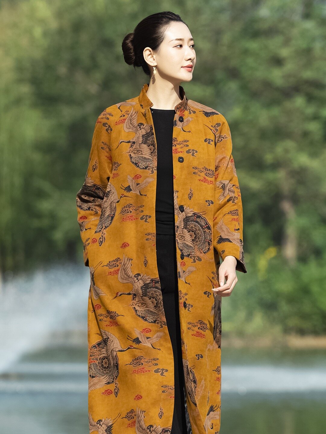 重磅绢纺真丝香云纱夹棉风衣外套女中式棉袄