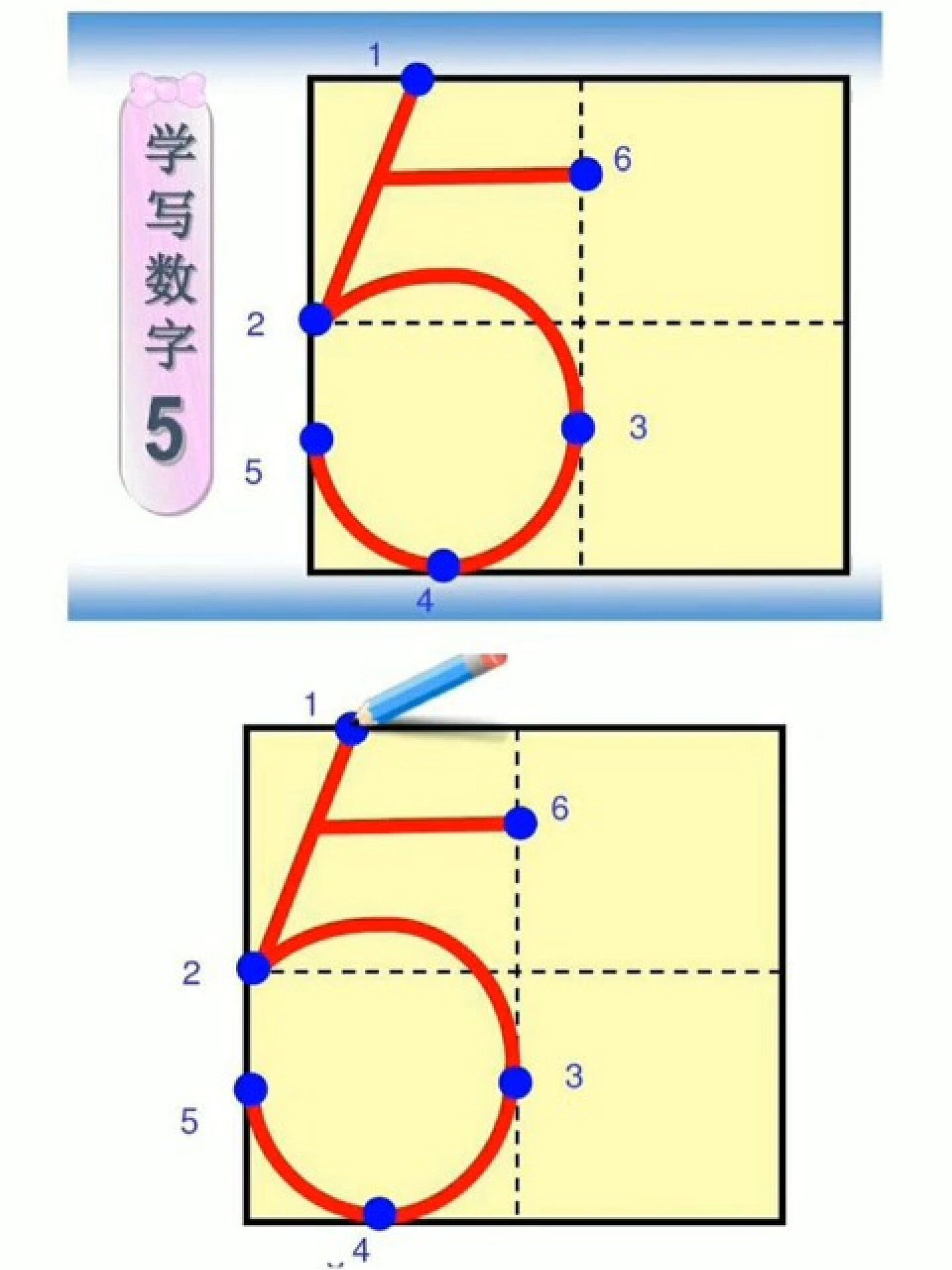 幼儿数字5的正确规范写法田字格