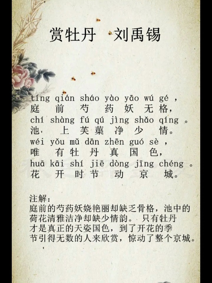 赏牡丹 刘禹锡学生拼音朗诵每天一首古诗词-度小视