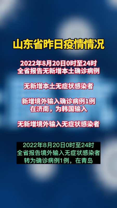 2022年8月20日0时至24时山东省无新增本土确诊病例,本土无症状感染者