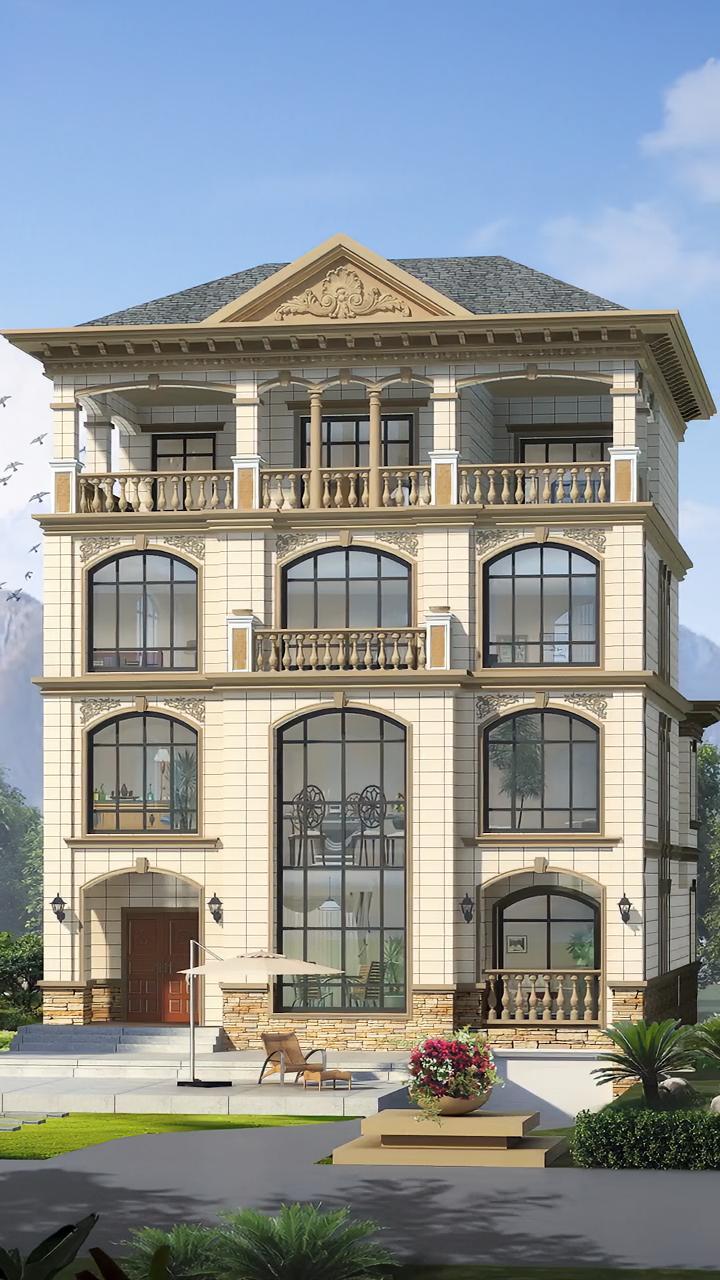 主体占地150平米,开间12米,进深13米四层欧式自建房别墅,辅助用房40