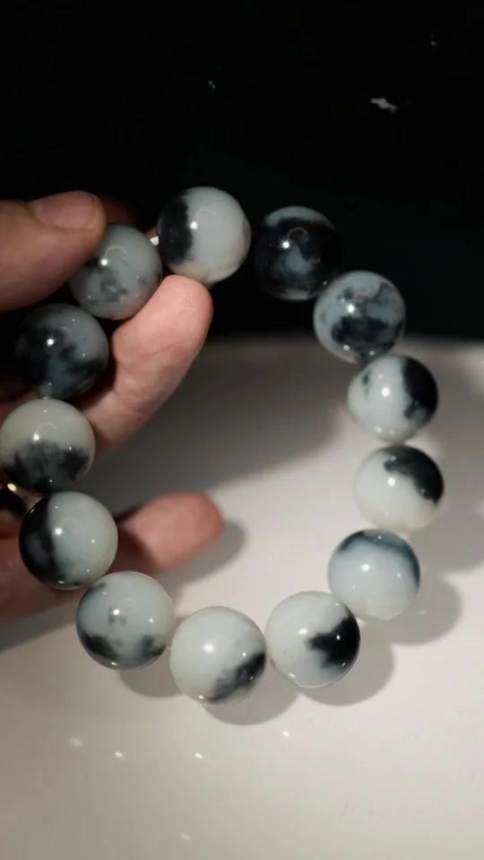 和田玉籽料青花黑白意境十足圆珠手串