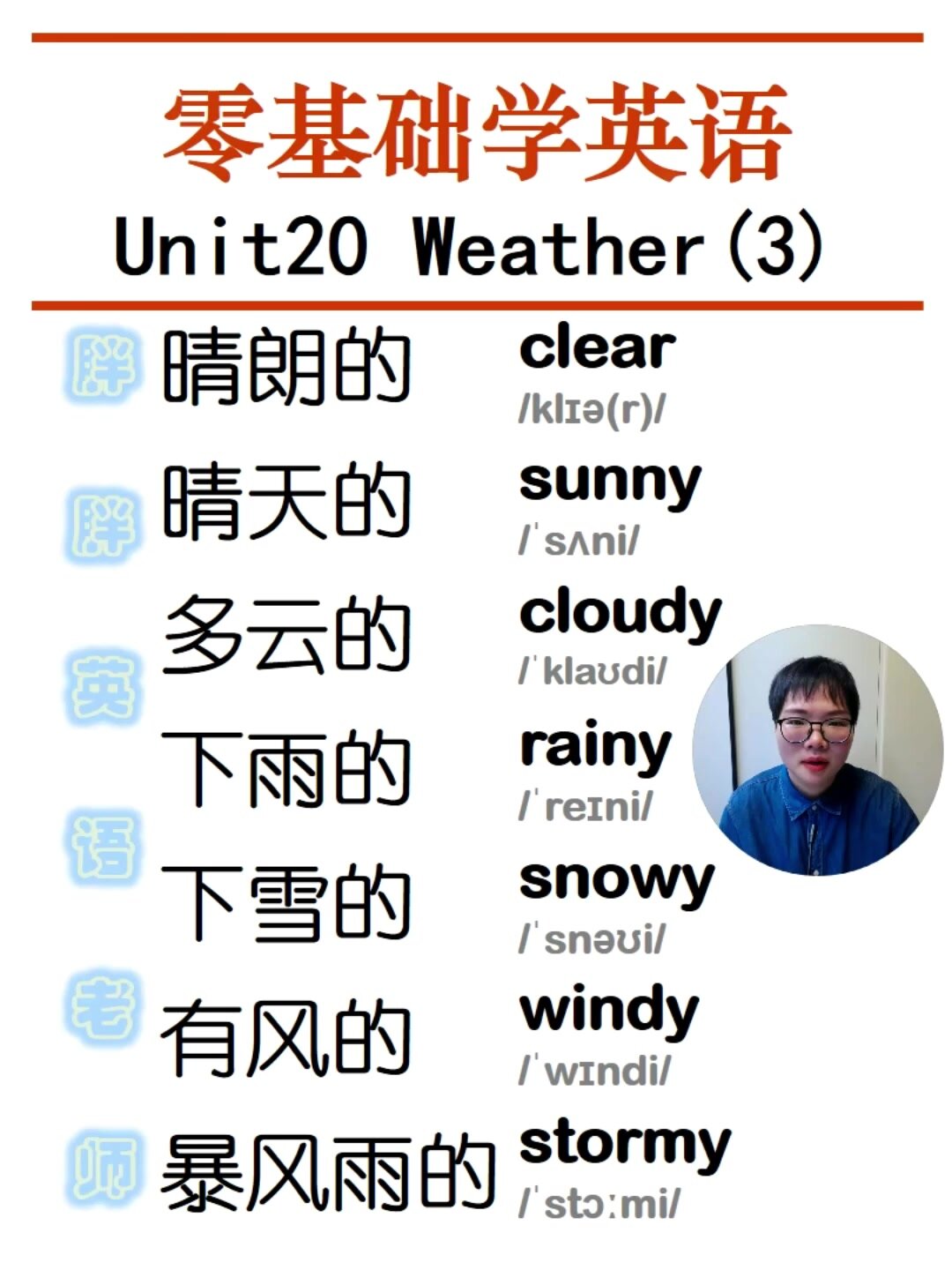 天气英语晴朗晴天多云下雪有风暴风雨英语