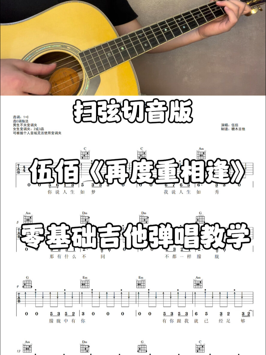 吉他弹唱《再度重相逢》扫弦切音版完整吉他谱