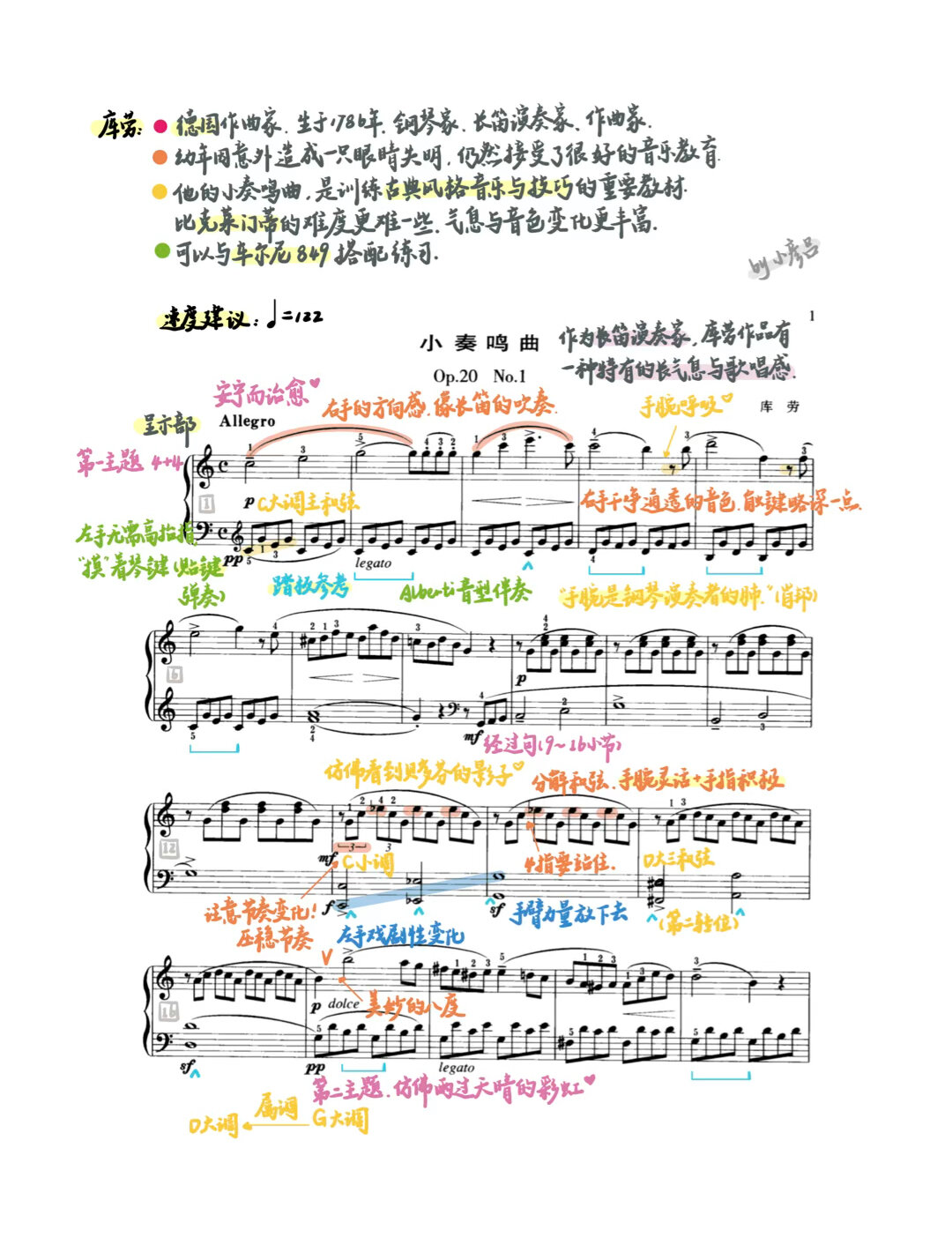 库劳c大调小奏鸣曲op20no1第一乐章