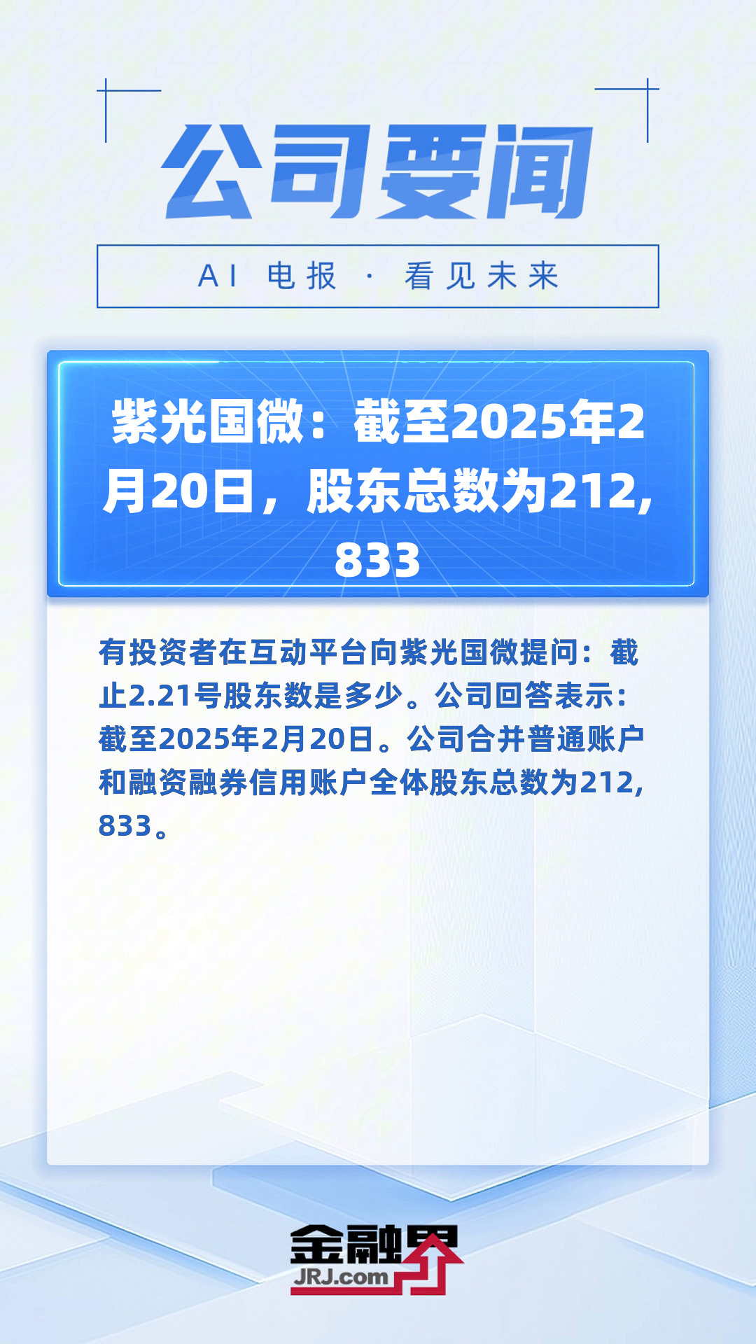 紫光国微:截至2025年2月20日,股东总数为212,833|快报