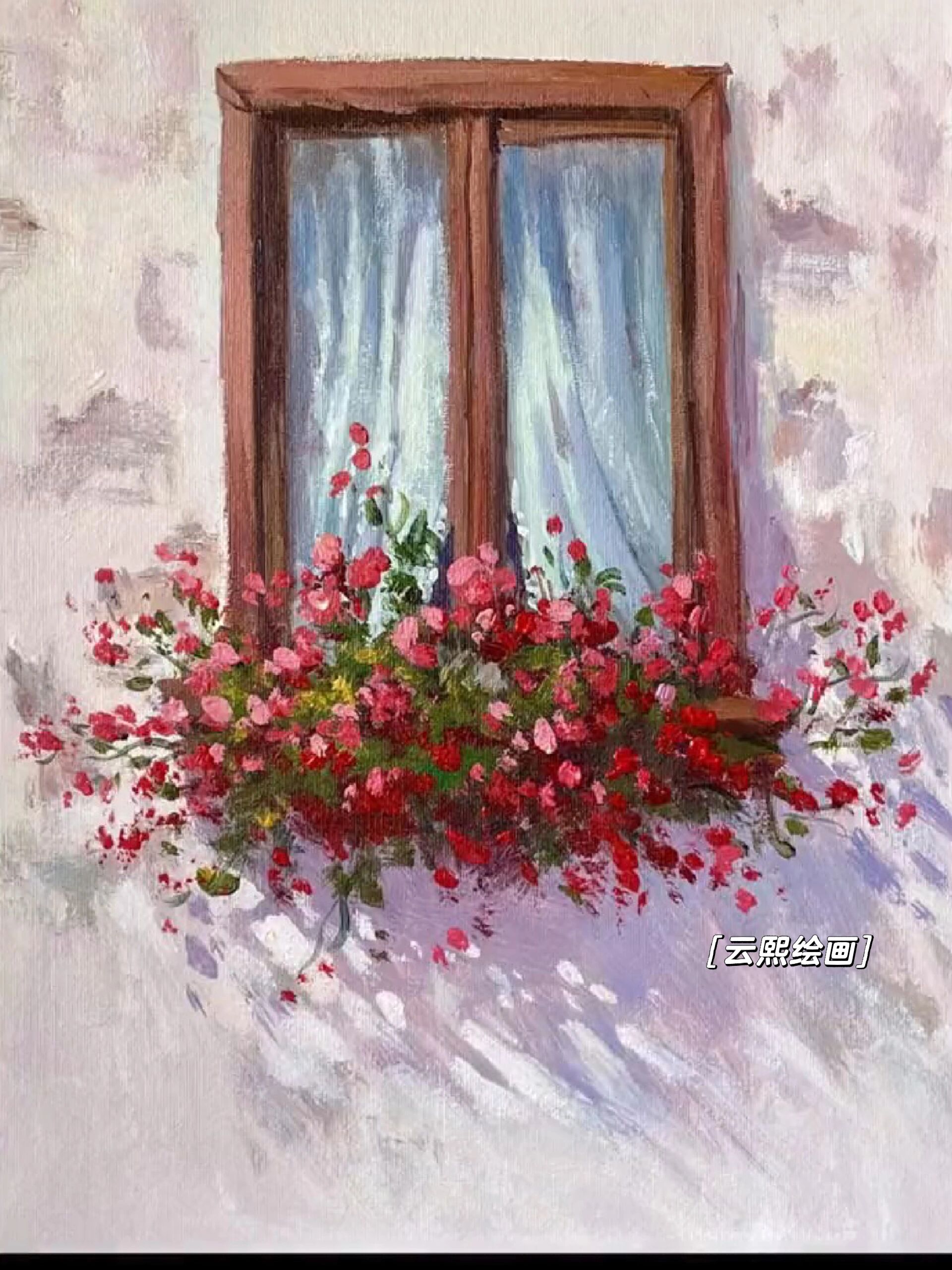 日系小清新丙烯画 窗边花丛>,有教程