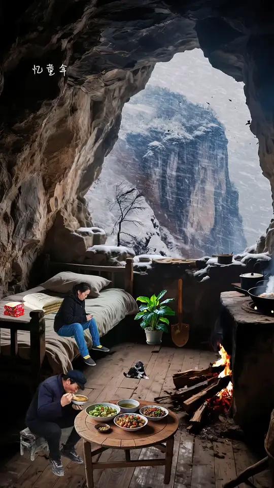 有一户人家隐居在深山的山洞里,外面大雪漫天纷飞,好似世界全都被按下